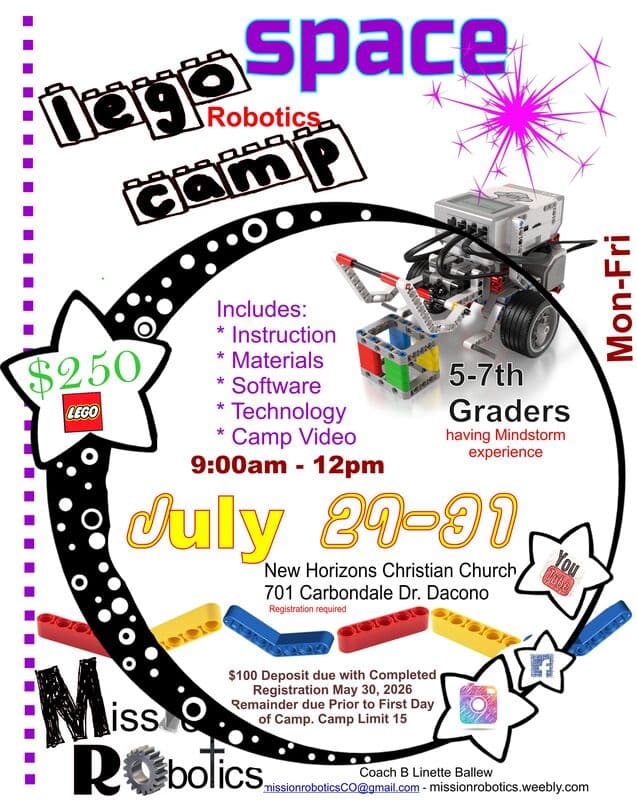 Mission Robotics Space LEGO Camp 2026 flyer